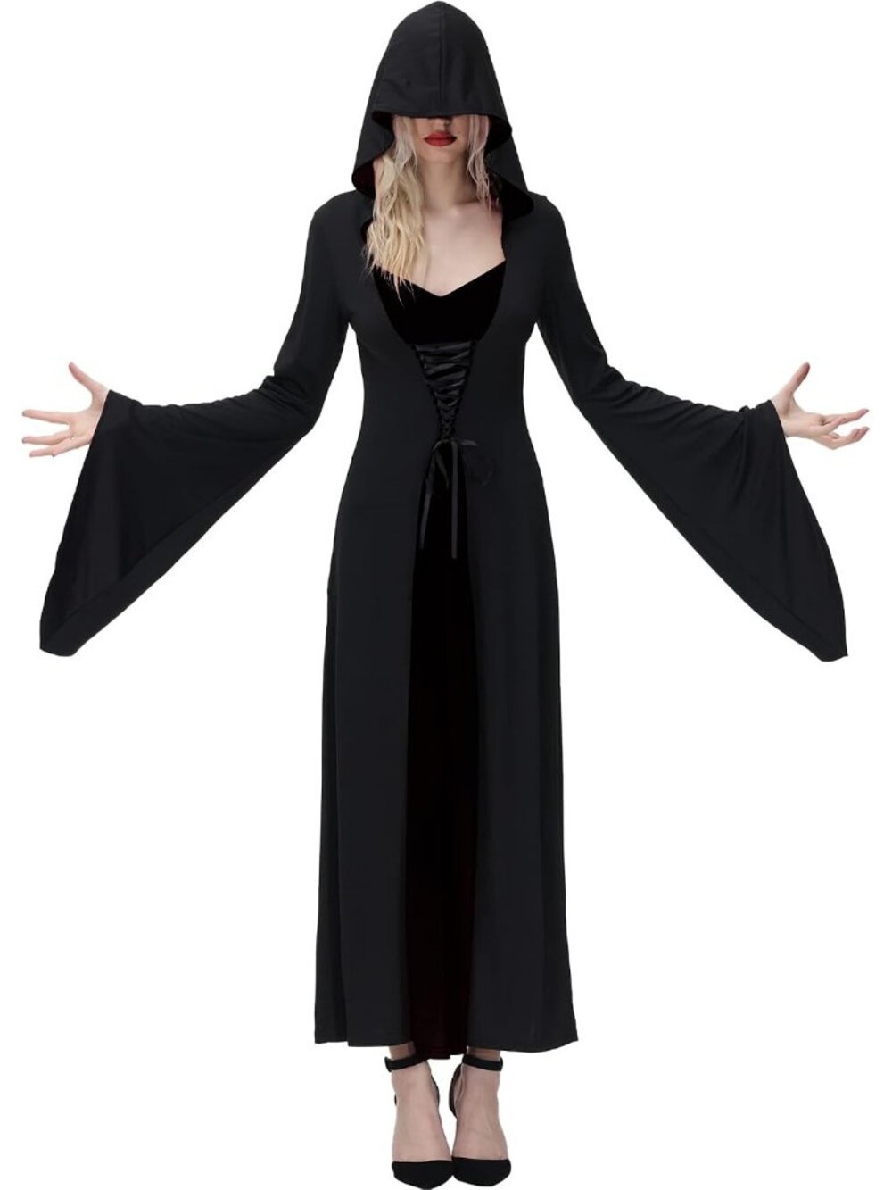Women's Black Gothic Witch Costume Hooded Medieval Halloween Dress Cosplay